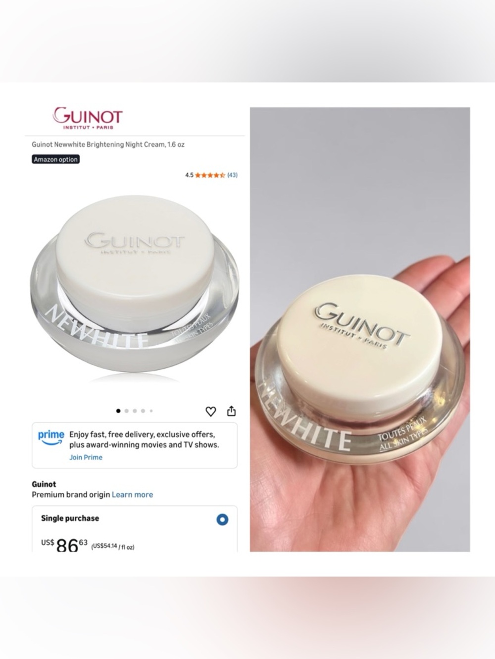 Guinot Newwhite Brightening Night Cream 1.6 oz. New w/seal! MSRP$86!